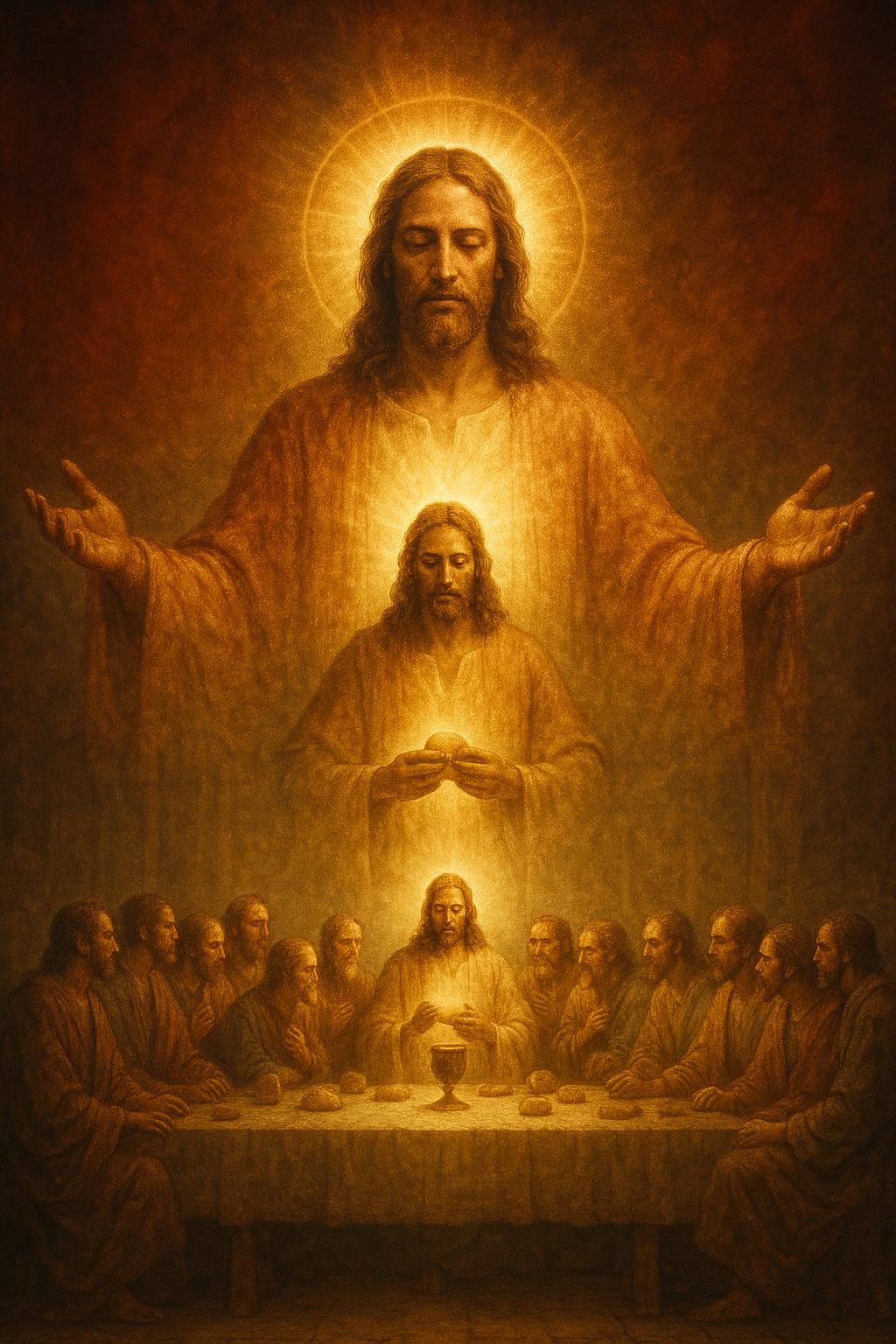 “Layered depiction of Jesus at the Last Supper in golden light, with bread, chalice, and the apostles surrounding the table.”