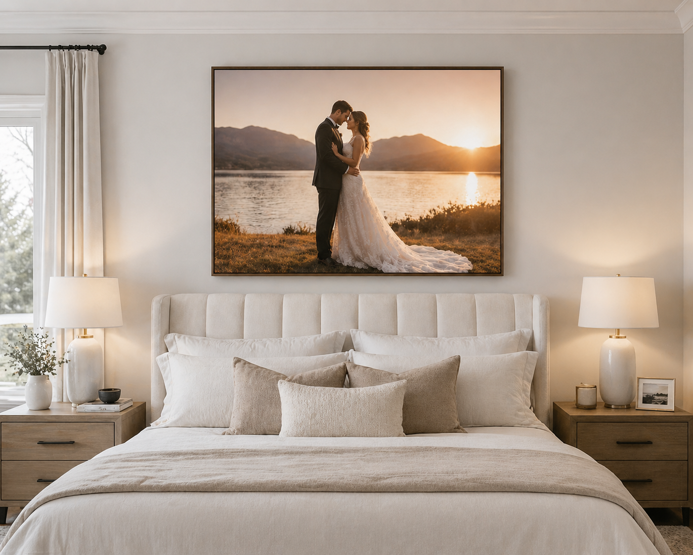 30x40 inch wedding photo canvas print above a king bed headboard in a bright modern Canadian master bedroom with neutral tones