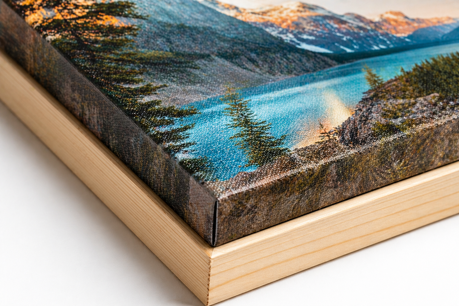 A close-up macro photograph of a high-quality canvas print stretched