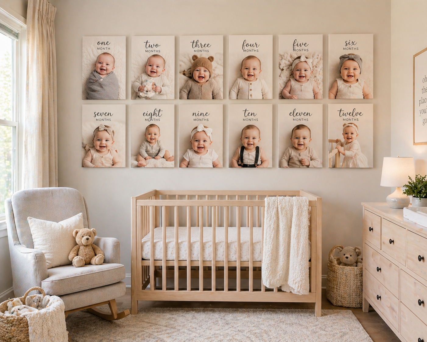 Baby first year photos printed as canvas wall art in a bright nursery room in Canada