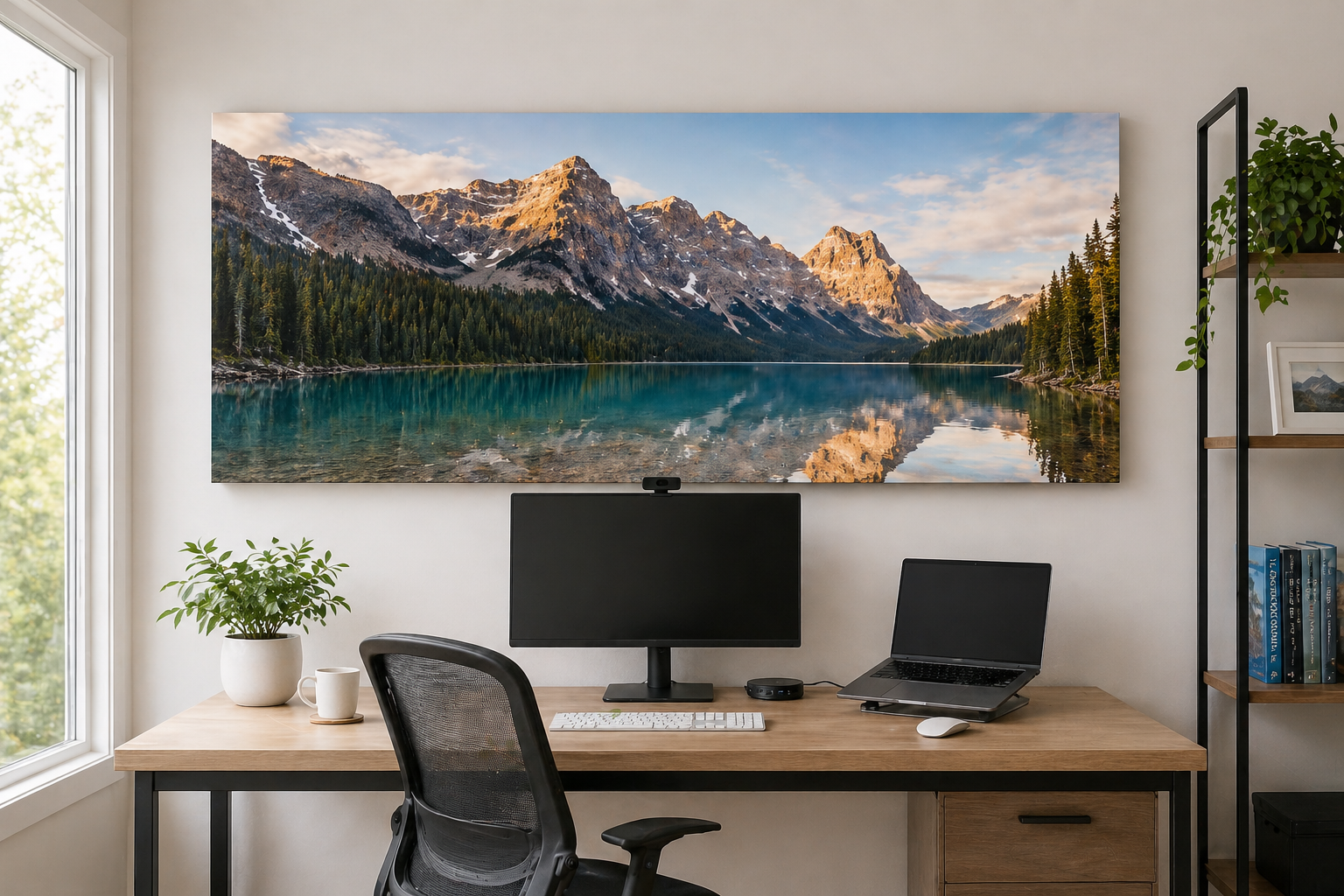 Panoramic canvas print of the Canadian Rocky Mountains displayed behind a modern home office desk setup with monitor and laptop