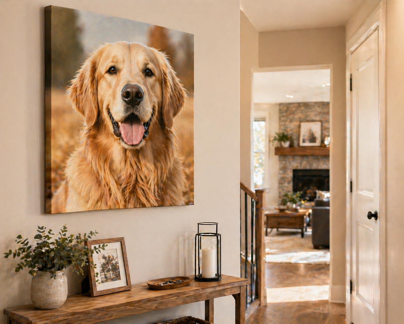 Pet portrait canvas print of a golden retriever dog hanging in a Canadian home hallway