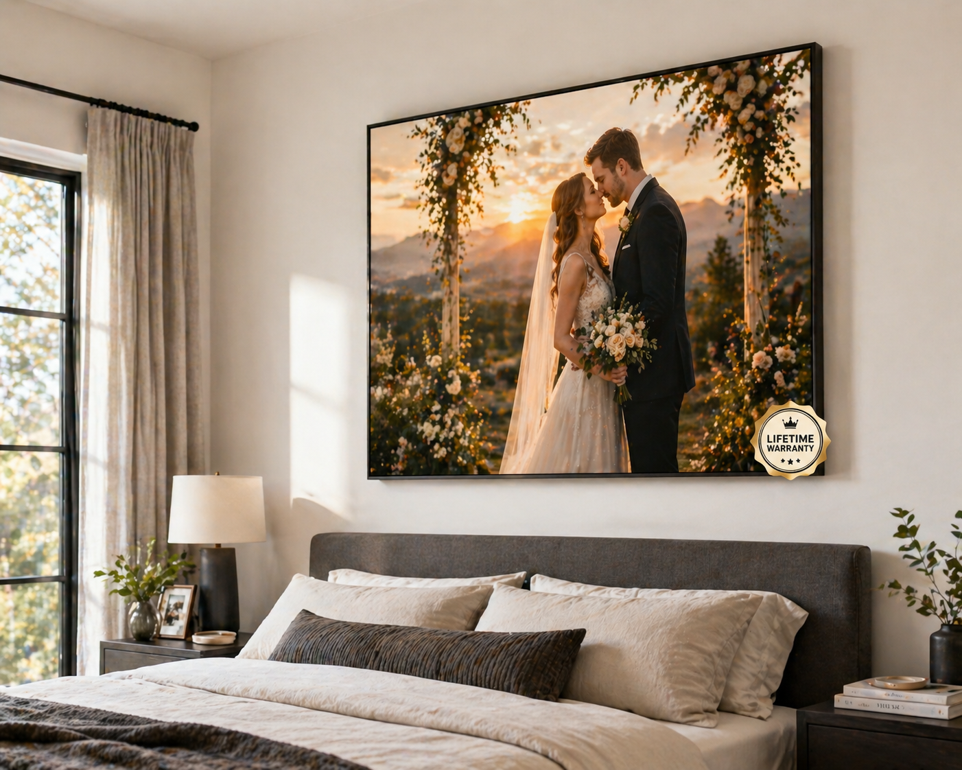 Wedding photo displayed as a large canvas print on a white living room wall with lifetime warranty trust badge