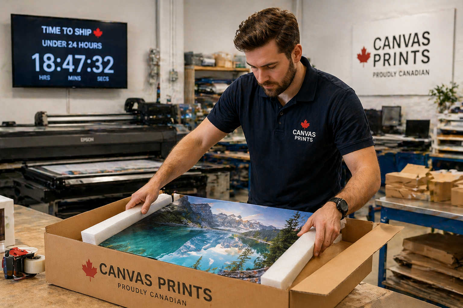 Canvas print being carefully packaged in a Canadian fulfilment facility showing fast 24-hour production and same day dispatch