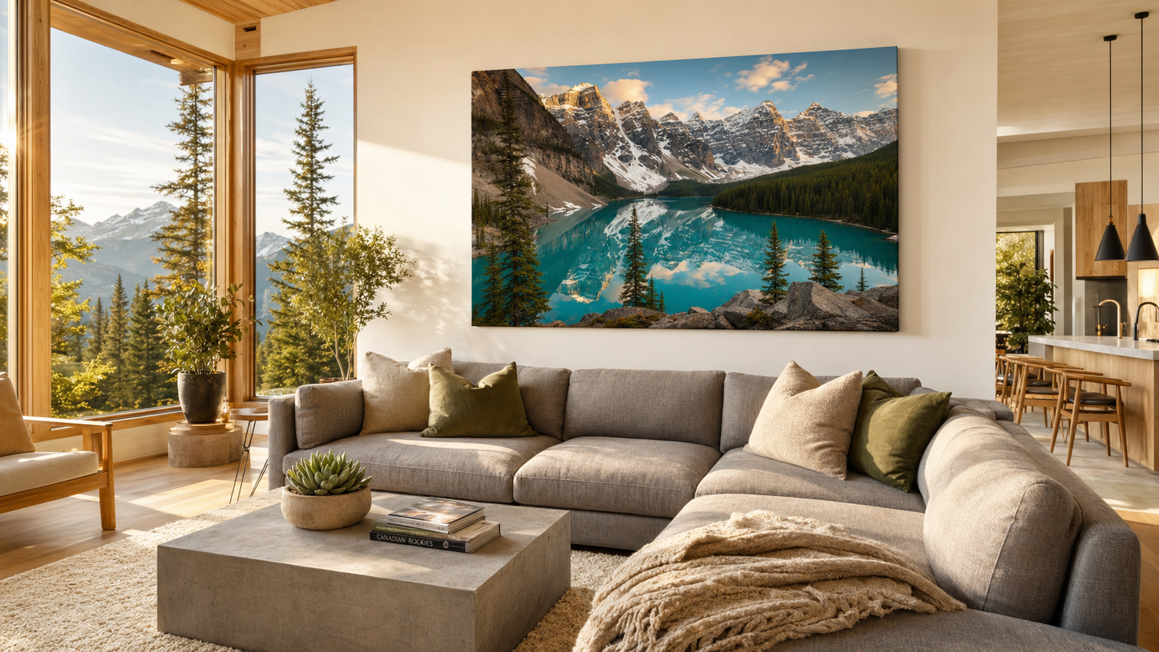 Large 36x48 inch canvas print of a Banff mountain landscape displayed above a grey linen sofa in a bright modern Canadian living room