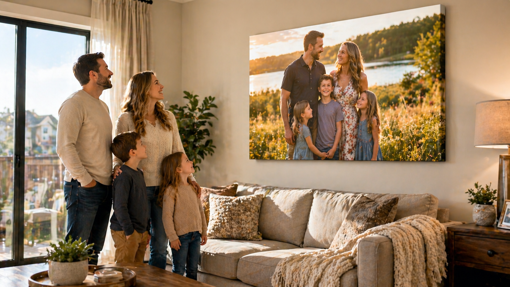 Happy Canadian family admiring a large custom canvas print of their family photo hanging on a bright living room wall