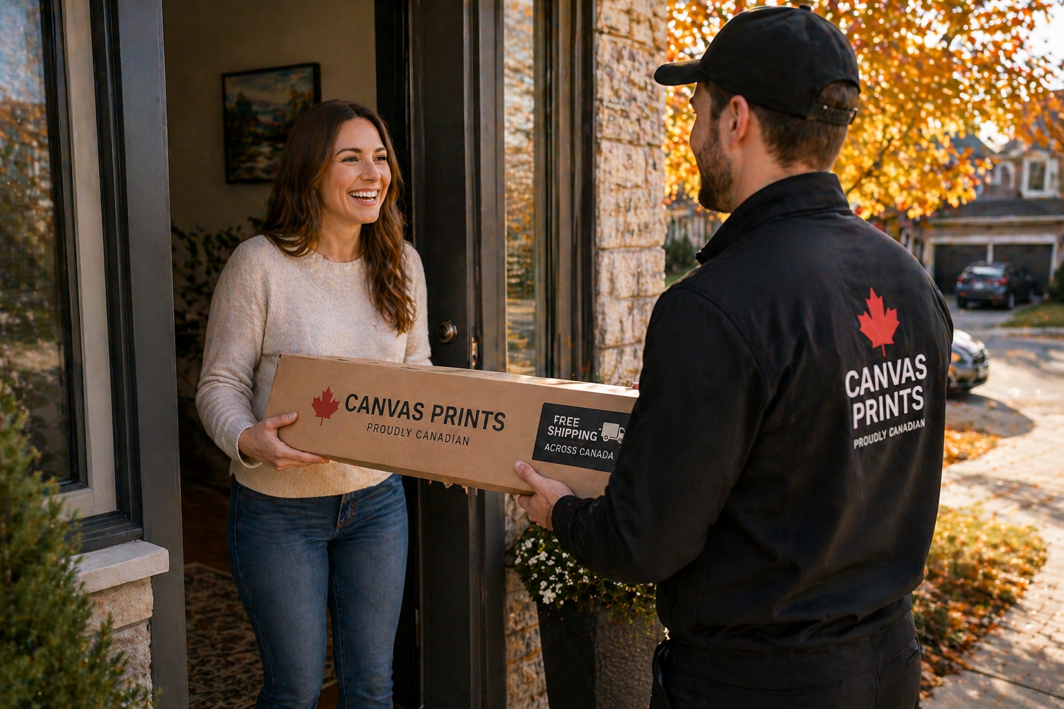 Canvas print in branded packaging being delivered to a Canadian home front door representing free shipping across Canada