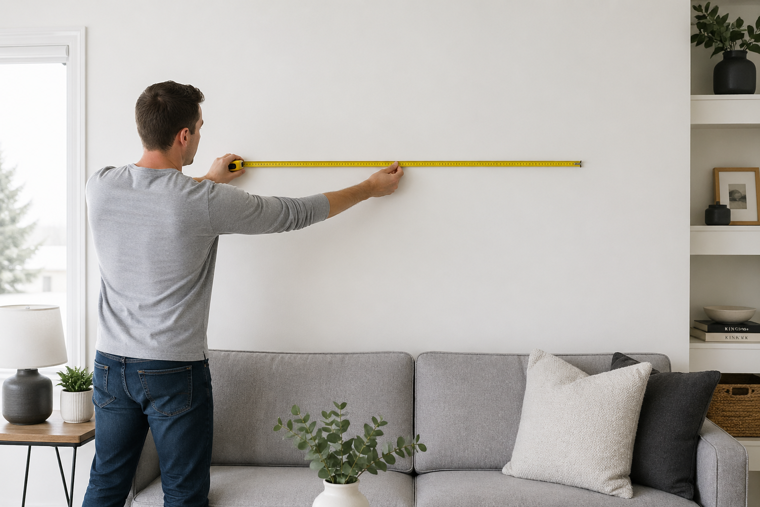Person measuring a living room wall with a tape measure to determine the correct canvas print size for Canadian home decor