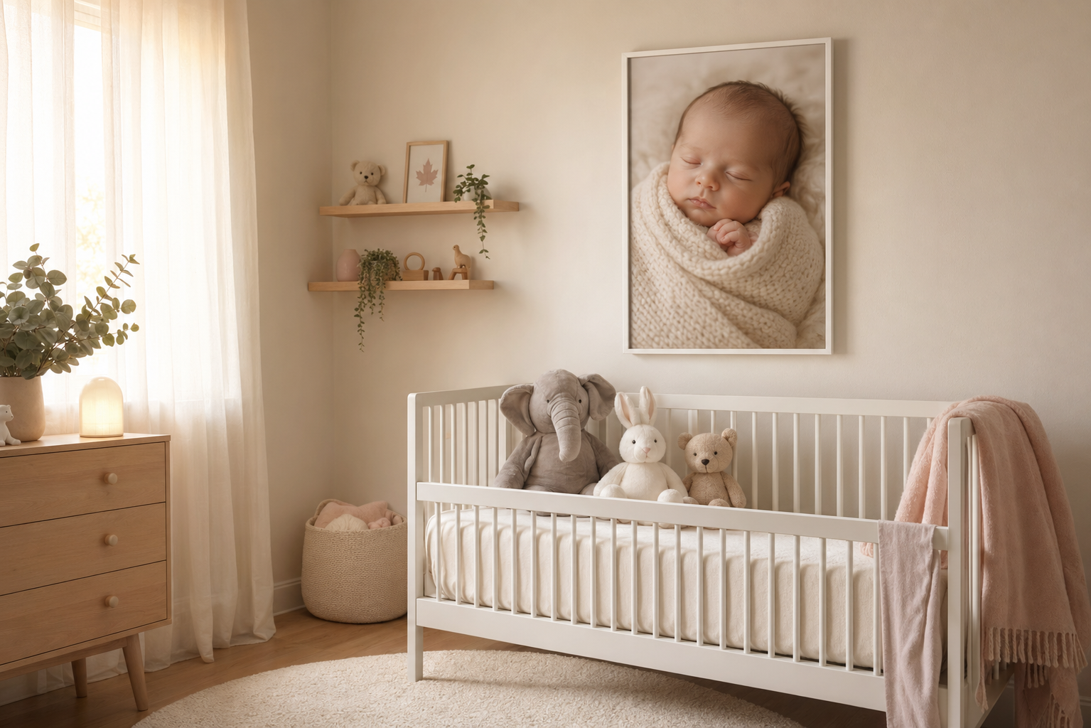 20x30 inch baby photo canvas print displayed above a white crib in a soft neutral Canadian nursery room with pastel colours