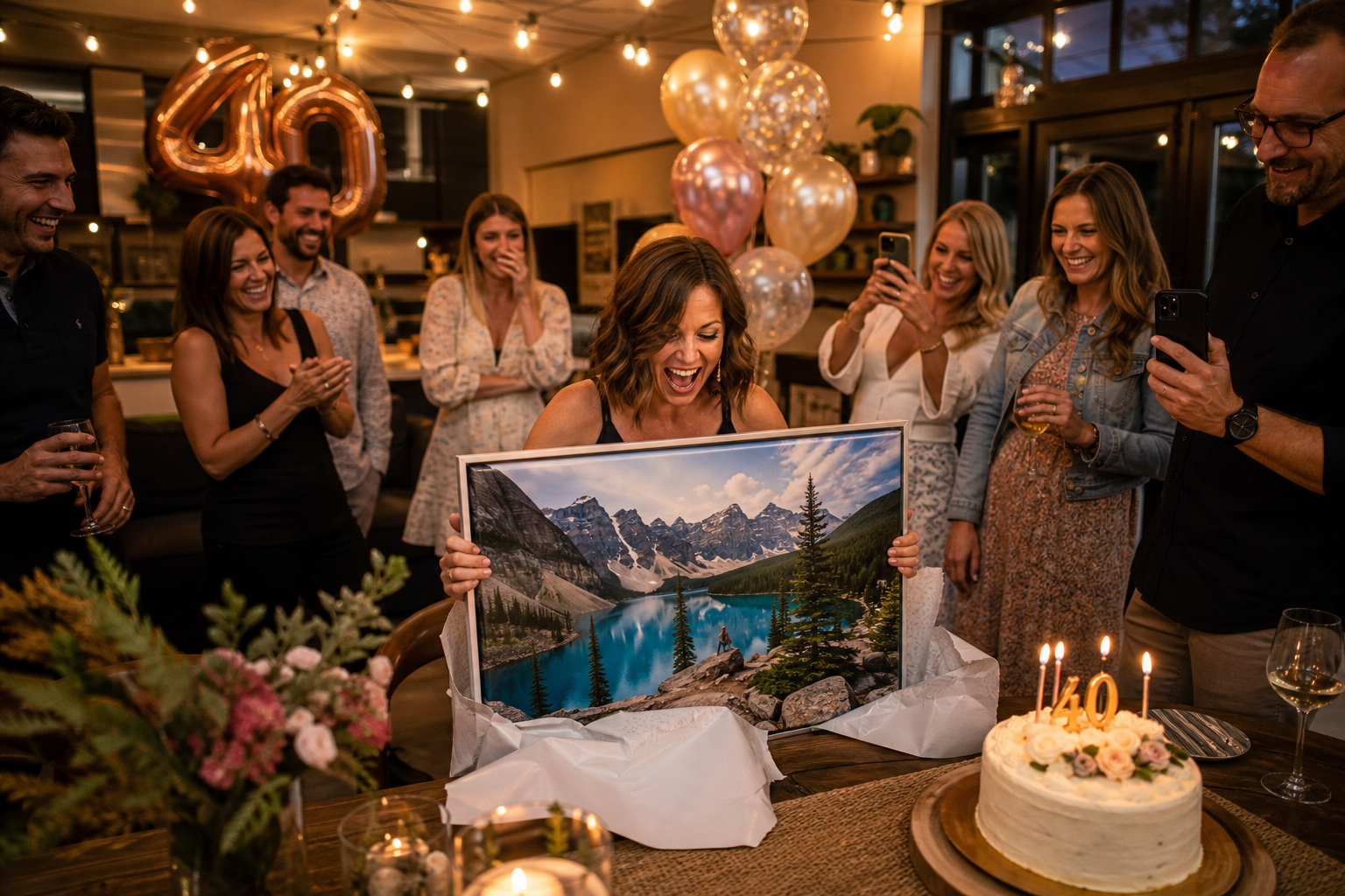 Custom birthday gift canvas print of a travel memory displayed at a milestone birthday celebration in a Canadian home