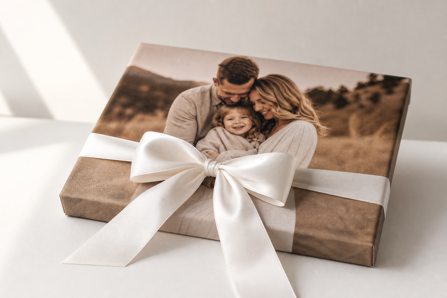 Custom canvas print wrapped as a gift with a ribbon bow in a bright Canadian living room showing a thoughtful personal photo gift