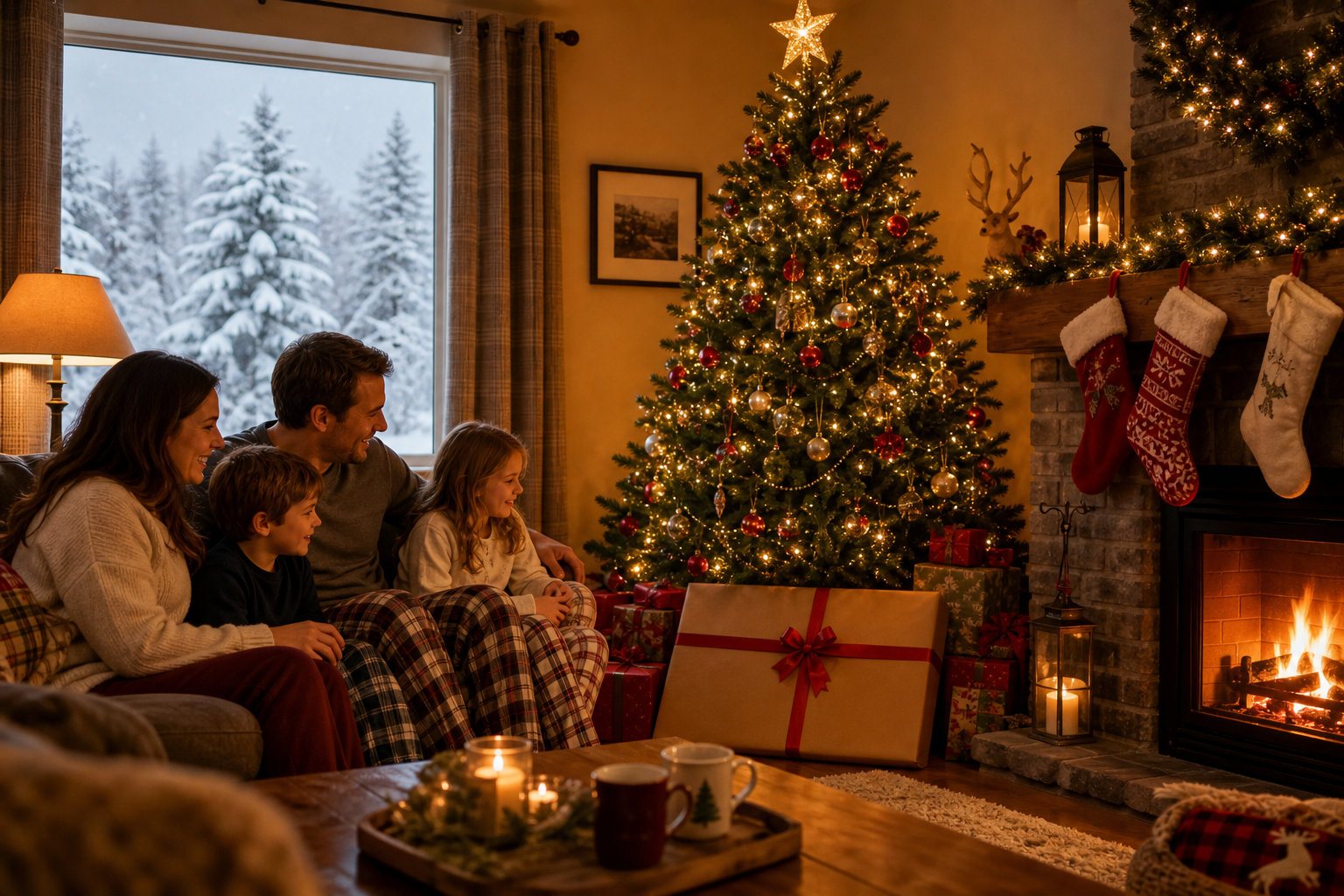 Custom family portrait canvas print wrapped as a Christmas gift under a decorated Christmas tree in a cozy Canadian living room