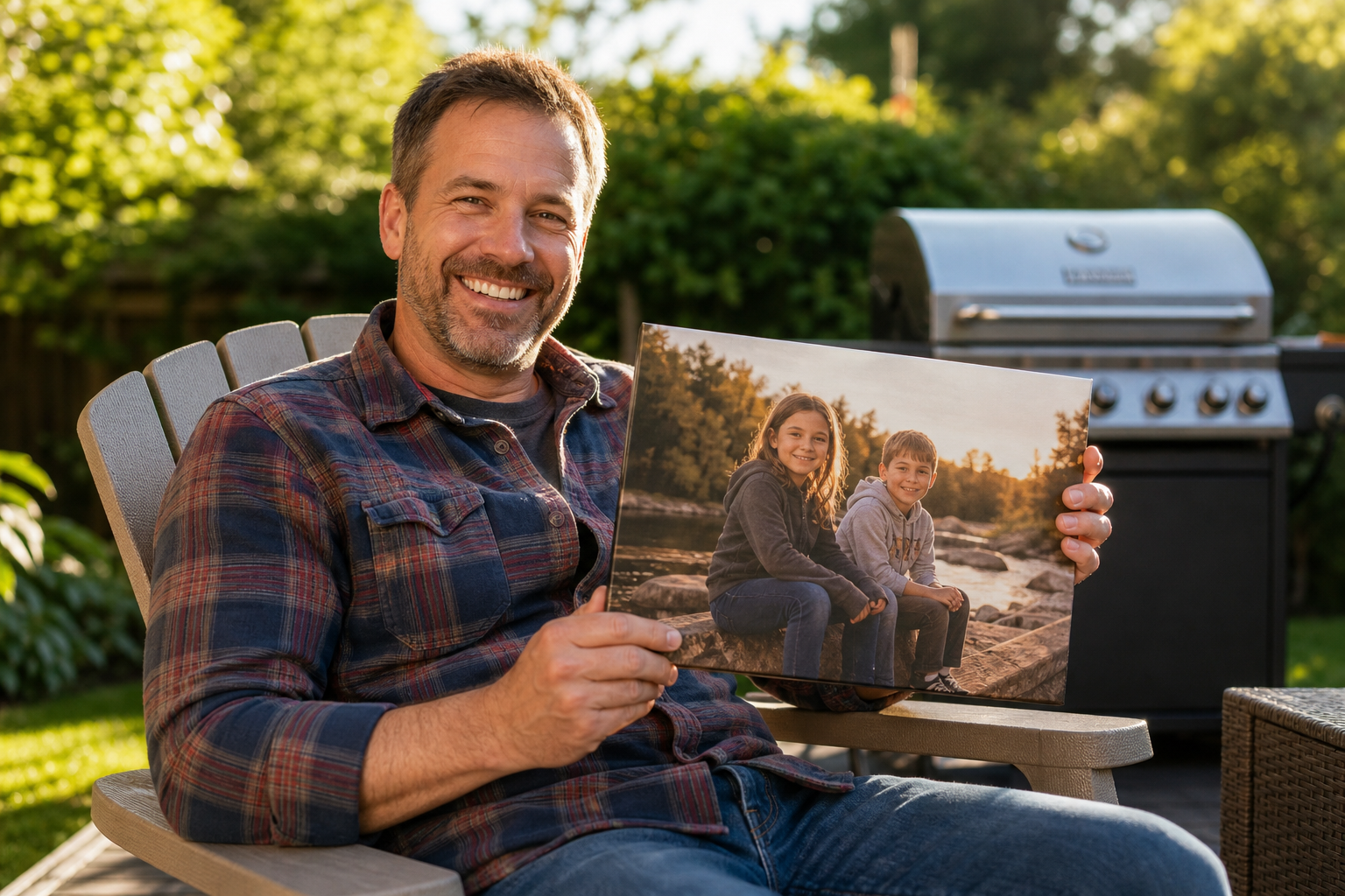Father smiling while unwrapping a custom family portrait canvas print gift on Father's Day in a Canadian home
