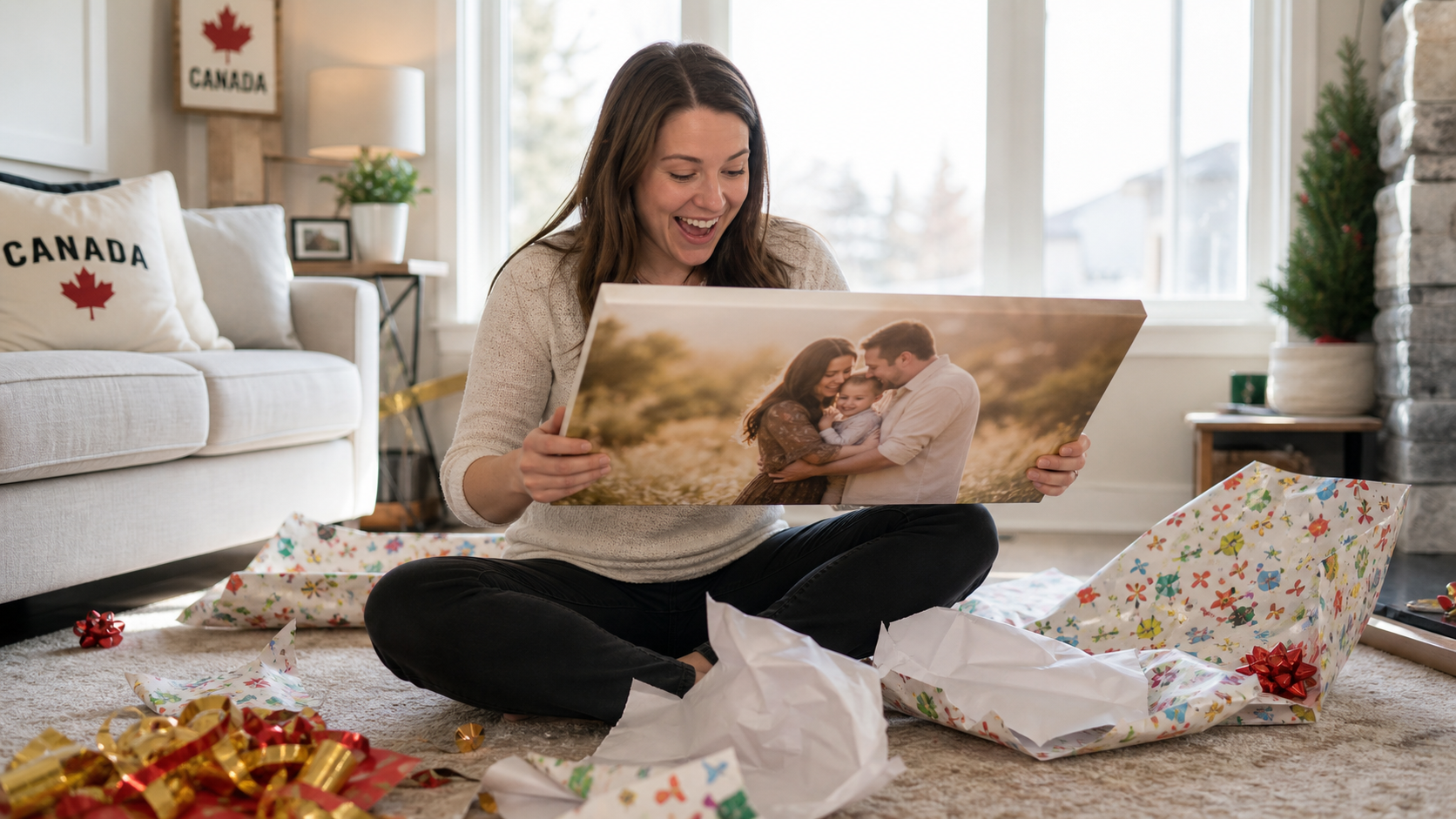 Happy person receiving a custom canvas print gift wrapped with a bow in a bright Canadian home showing the joy of a meaningful personal photo gift