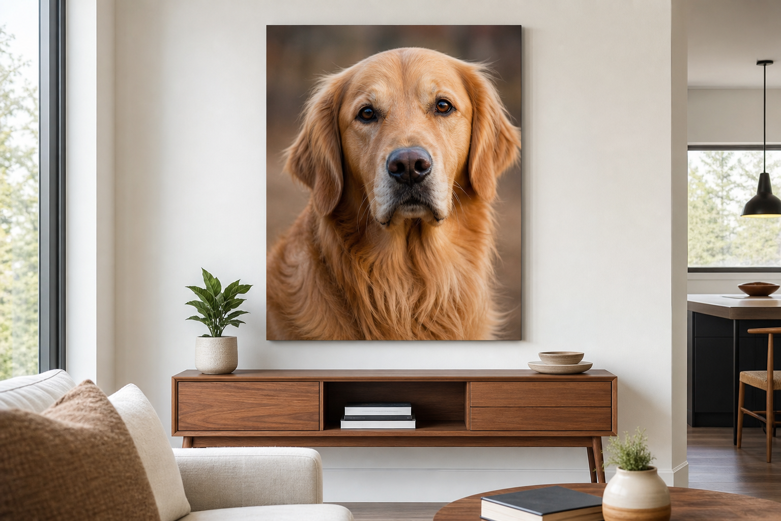 Large custom pet portrait canvas print of a golden retriever dog displayed in a modern Canadian living room as a thoughtful gift for a dog owner