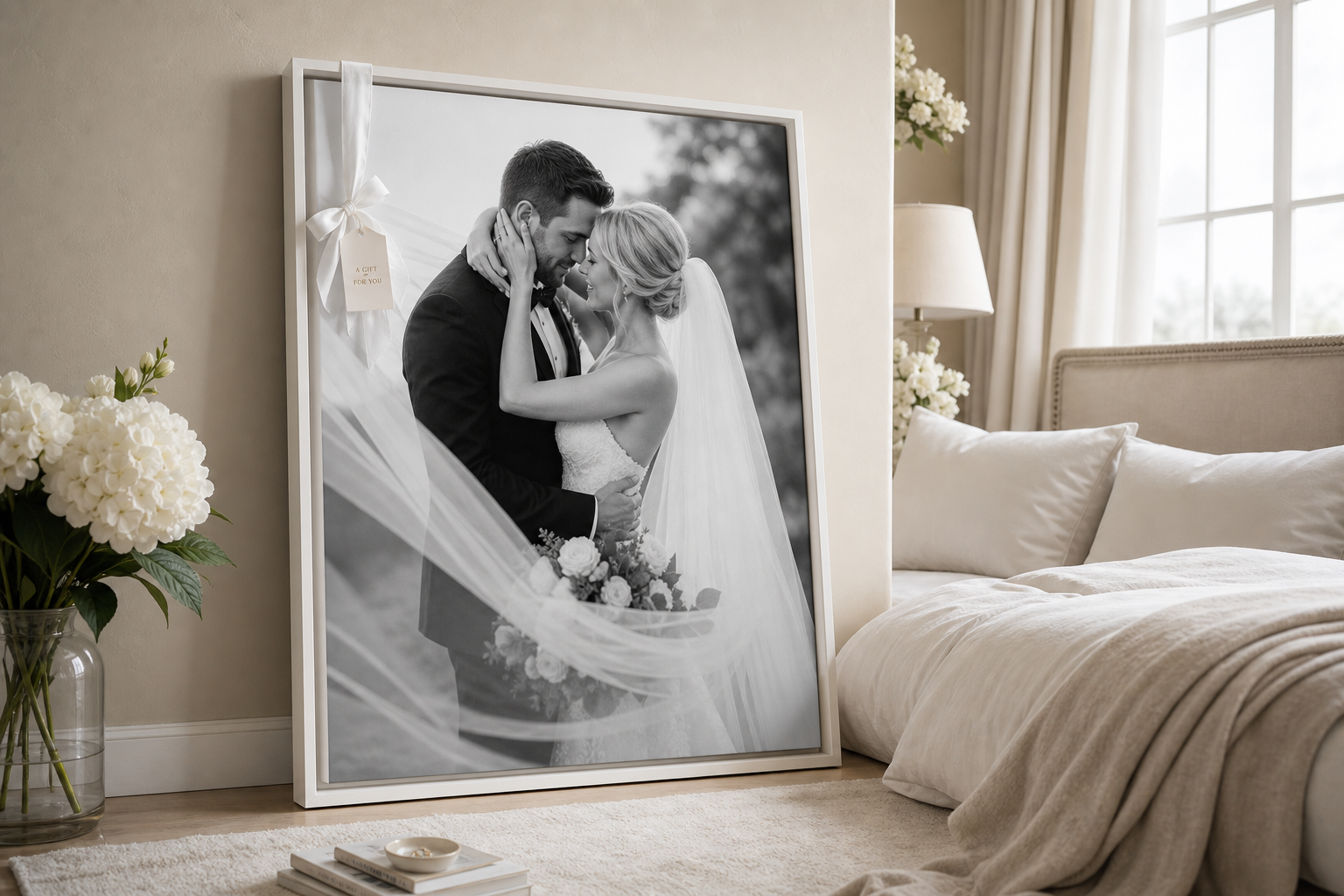 Large framed floating canvas print of a wedding couple first dance photo displayed in a modern Canadian master bedroom as a wedding gift