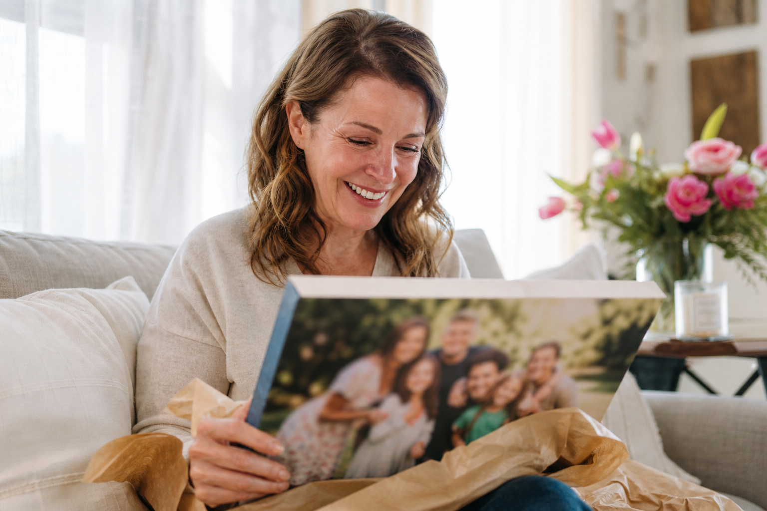 Mother receiving a custom family portrait canvas print gift wrapped in a ribbon on Mother's Day in a bright Canadian home