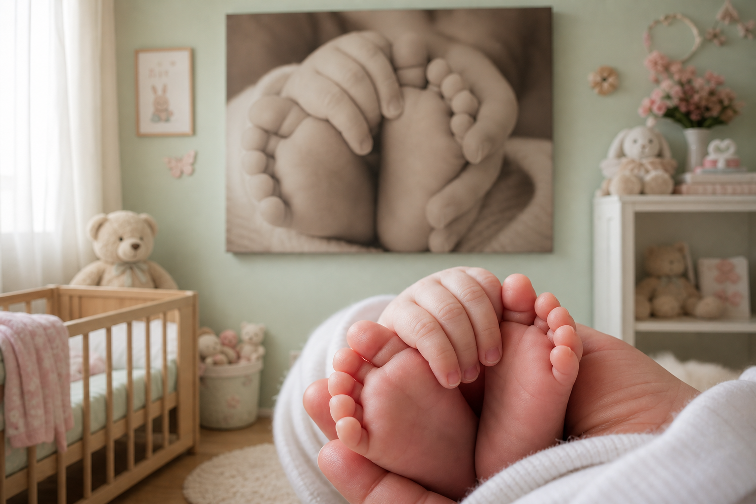 Newborn baby photo canvas print gift displayed in a soft pastel Canadian nursery showing tiny baby hands and feet as a keepsake gift
